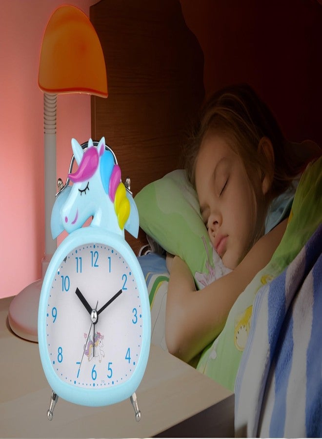 De'rons Twin Bell Analog Table Alarm Clock with Backlight for Heavy Sleepers Loud Alarm Clock for Students Funny Cute Cartoon Unicorn Shape Alarm Clock for Girls Kids Boys Bedroom 13.5 x 10 cm (Blue) - Image 2